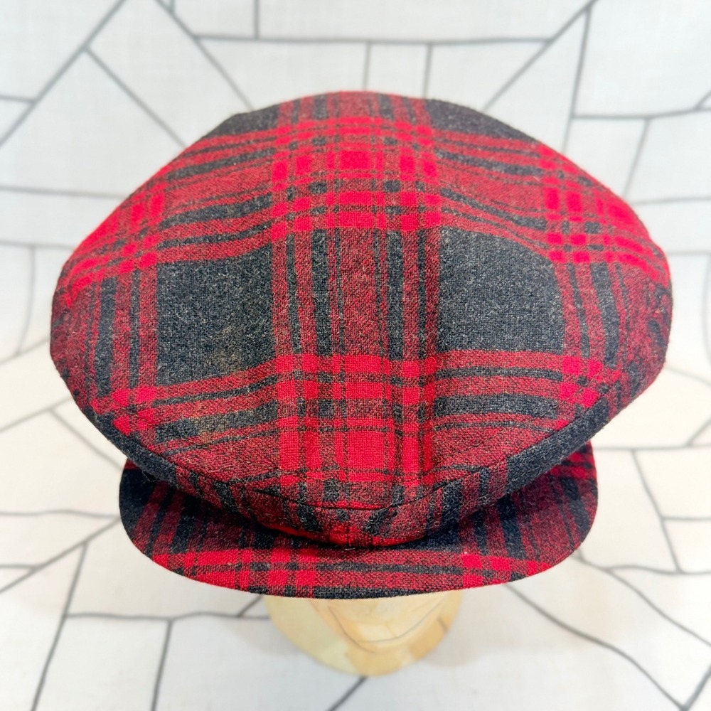 Pendleton Flat Cap L Red Black Plaid Wool Newsboy Driving Hat Vintage
